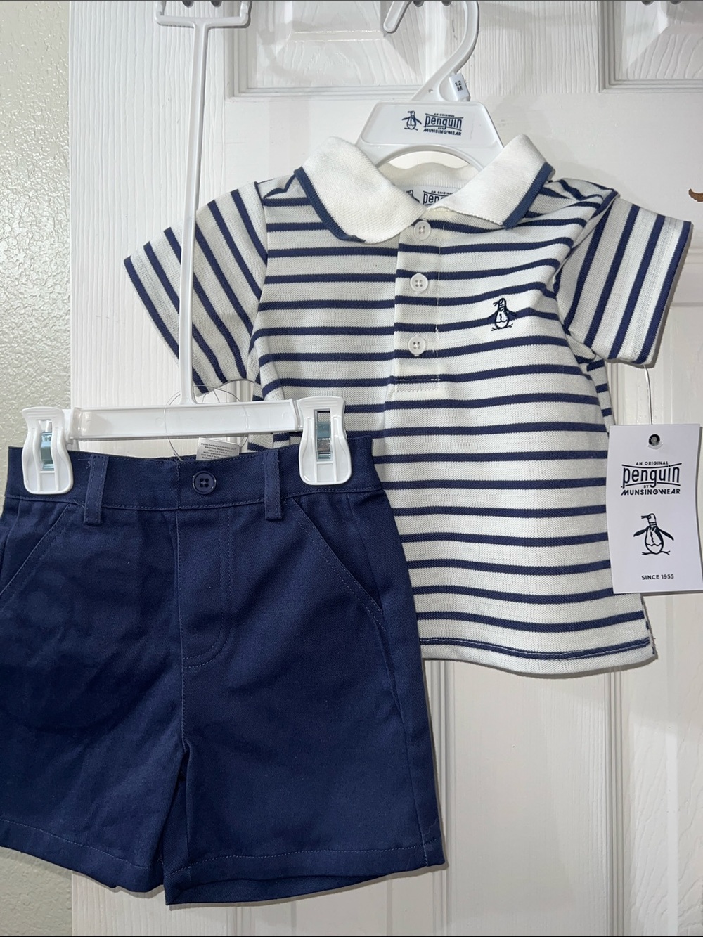 Original Penguin Navy & White Striped Polo and Navy Shorts Set